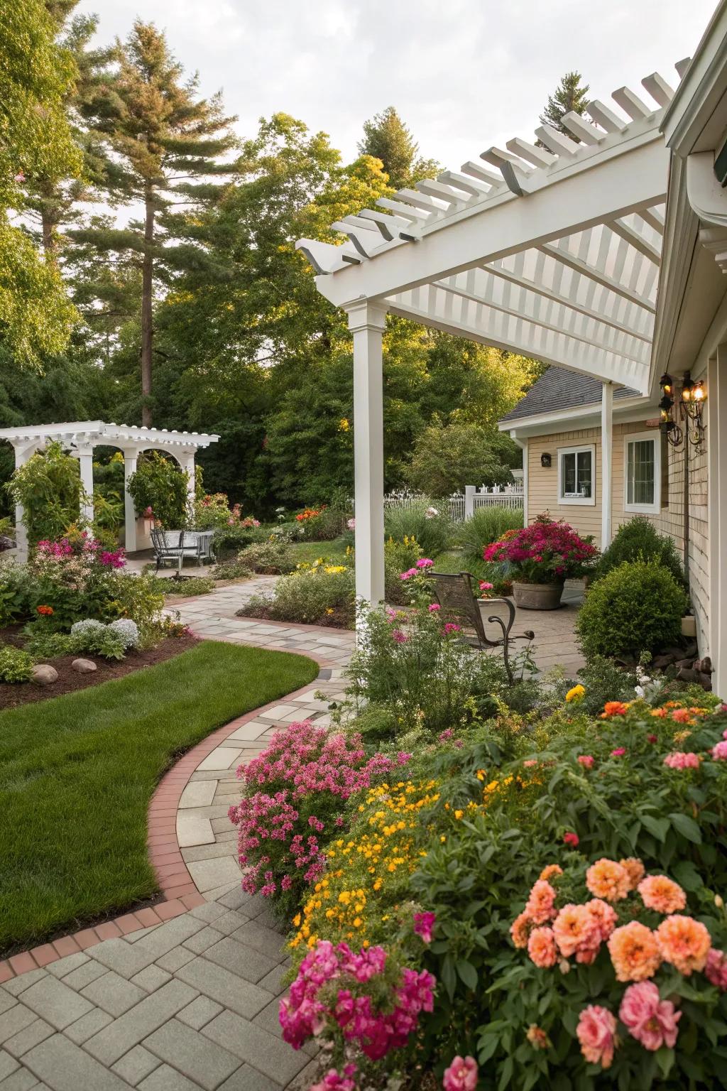 A white pergola adds a timeless elegance to any garden setting.