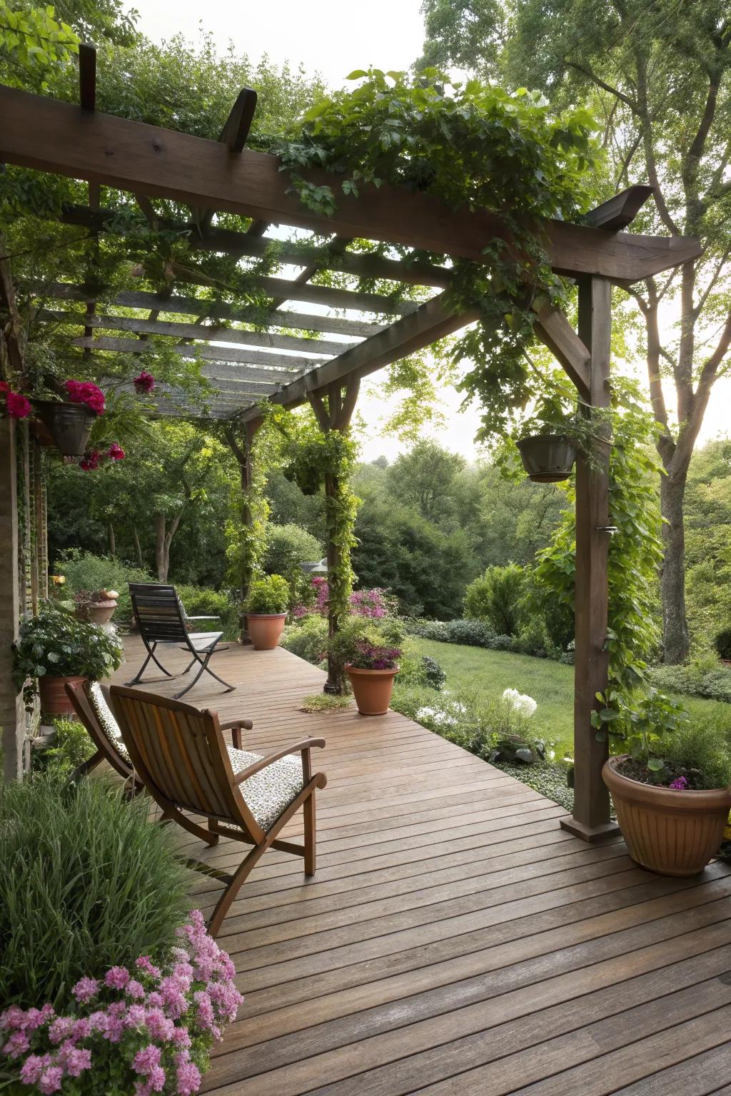 Wooden decking adds warmth and a natural feel to pergola spaces.