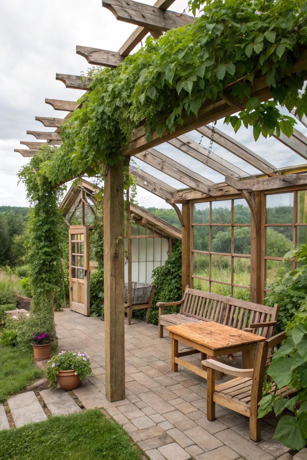 A rustic cedar pergola greenhouse, seamlessly blending into the natural surroundings.