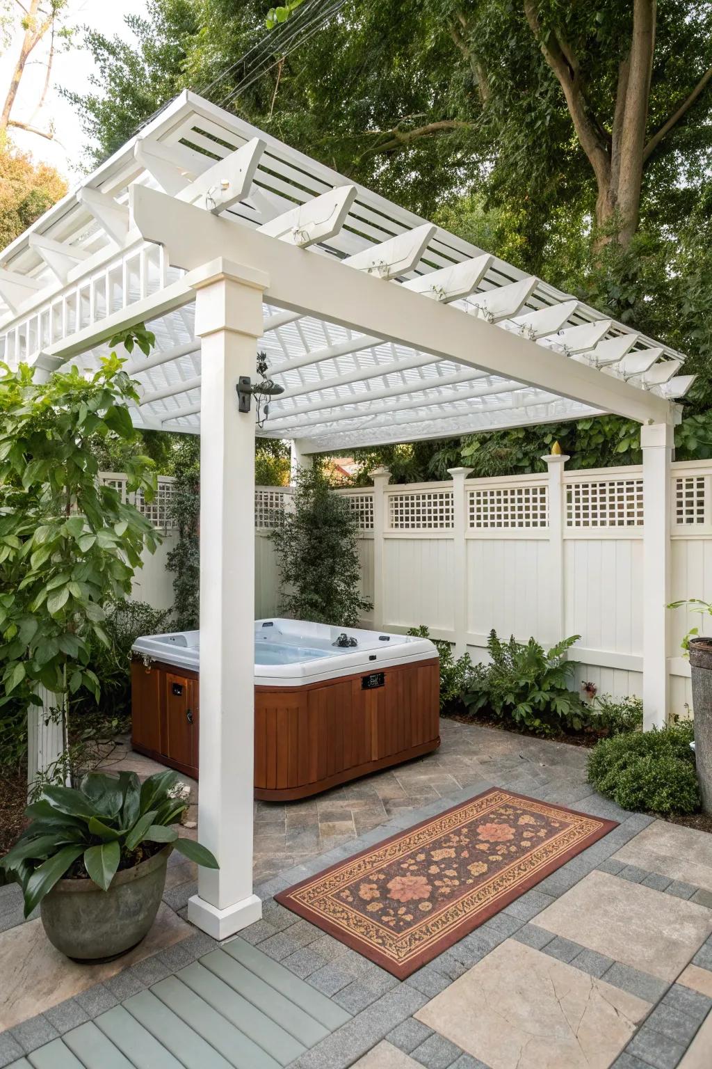 A bright and airy white pergola with an open lattice roof over a hot tub.