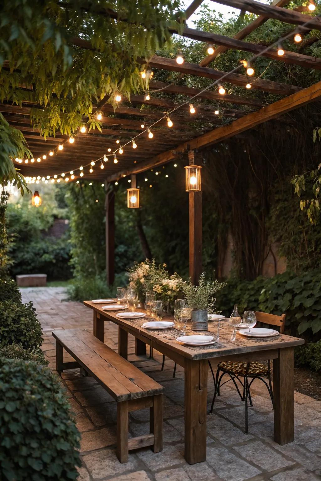 Alfresco dining under a beautifully lit pergola.