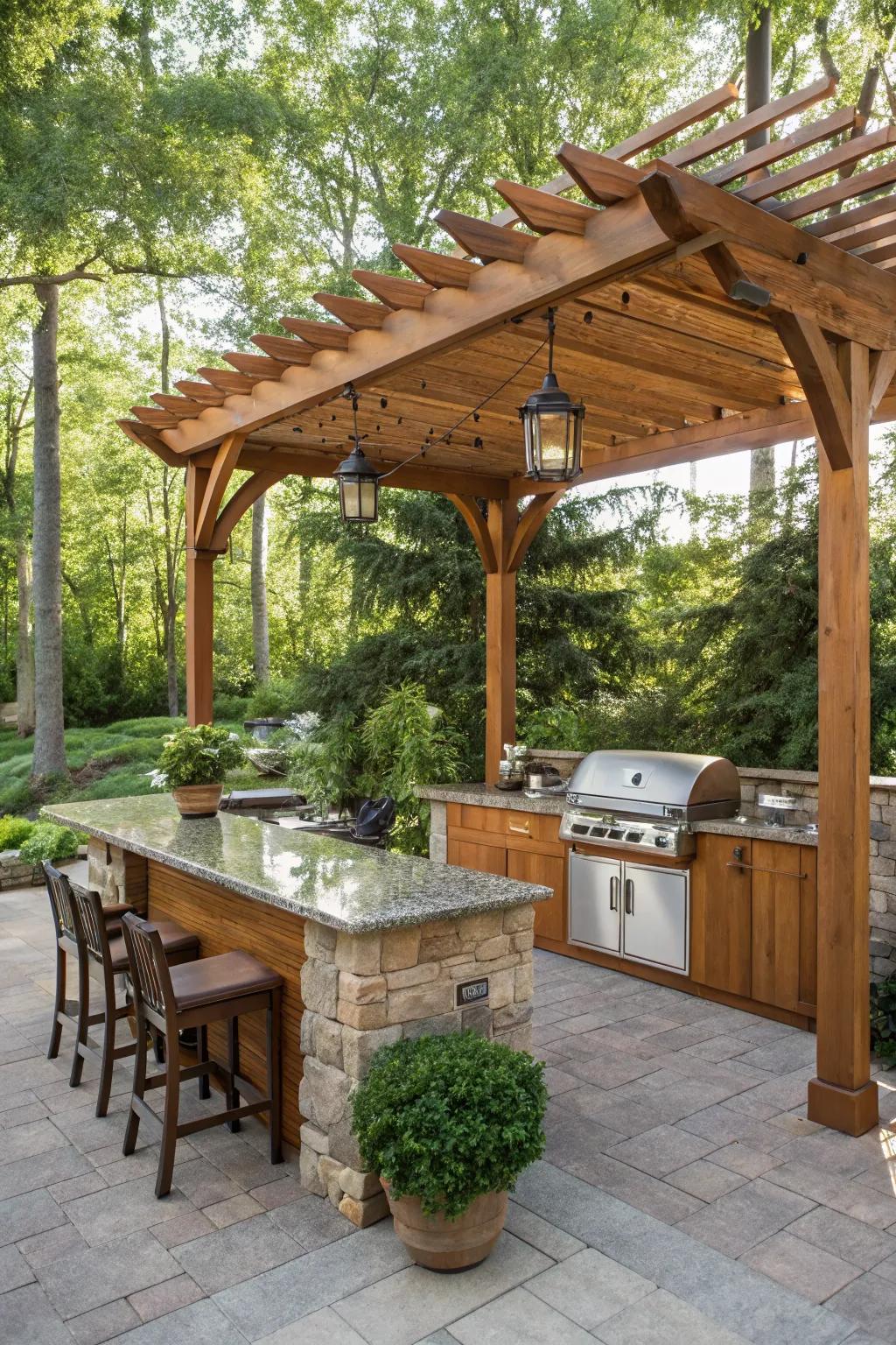 A wooden pergola offers timeless elegance to any outdoor kitchen.