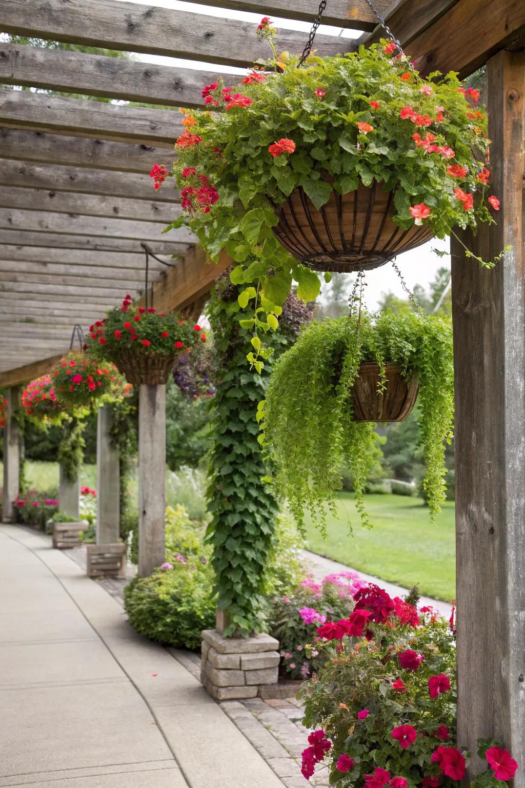 Enhance your pergola with hanging planters for a touch of vertical charm.