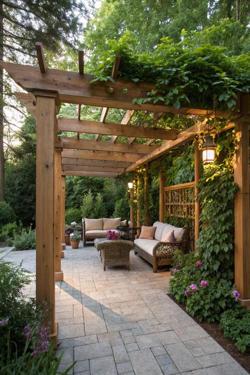 A wooden pergola seamlessly blending with nature.