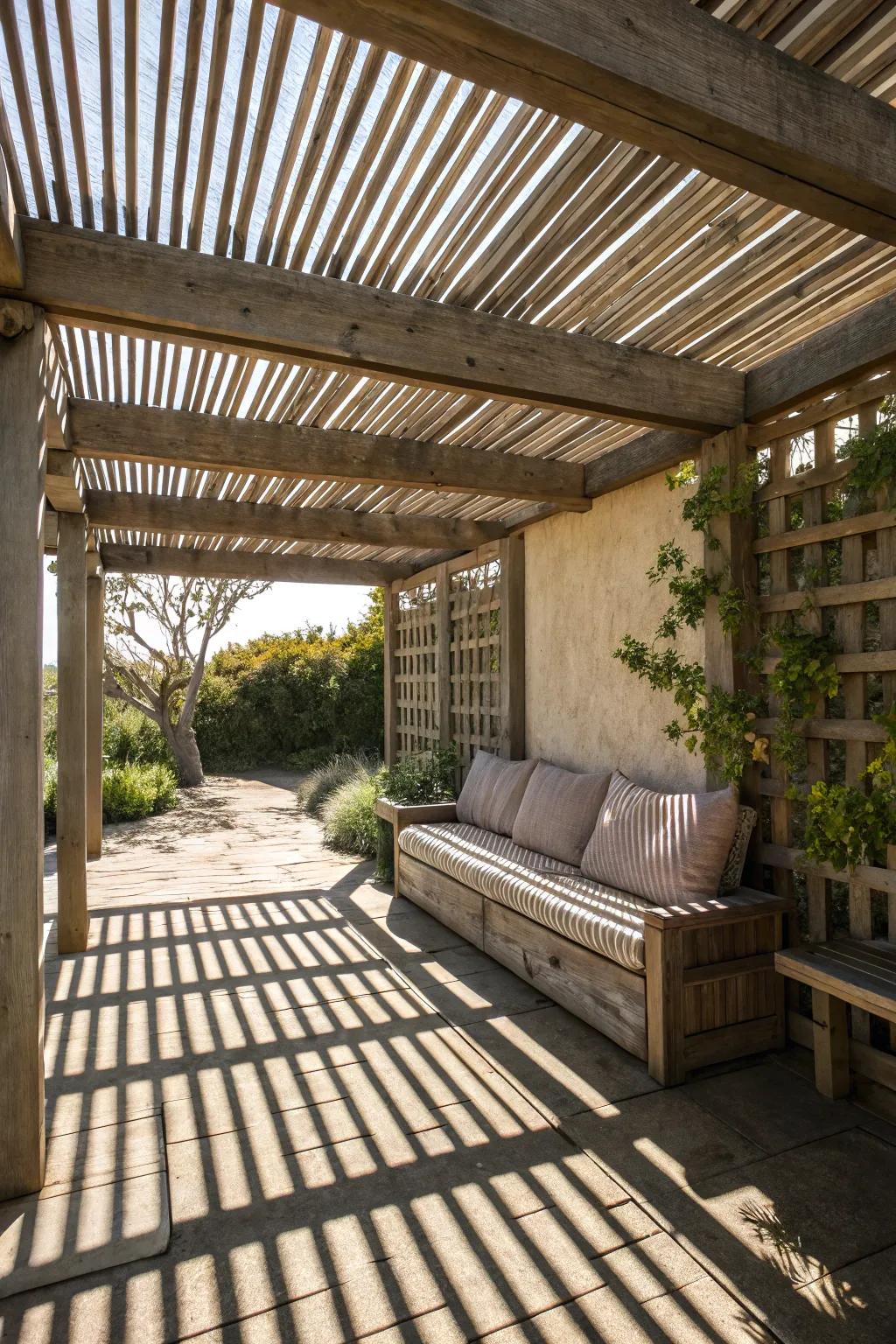 Wooden slat roofs offer a timeless look with practical shade.