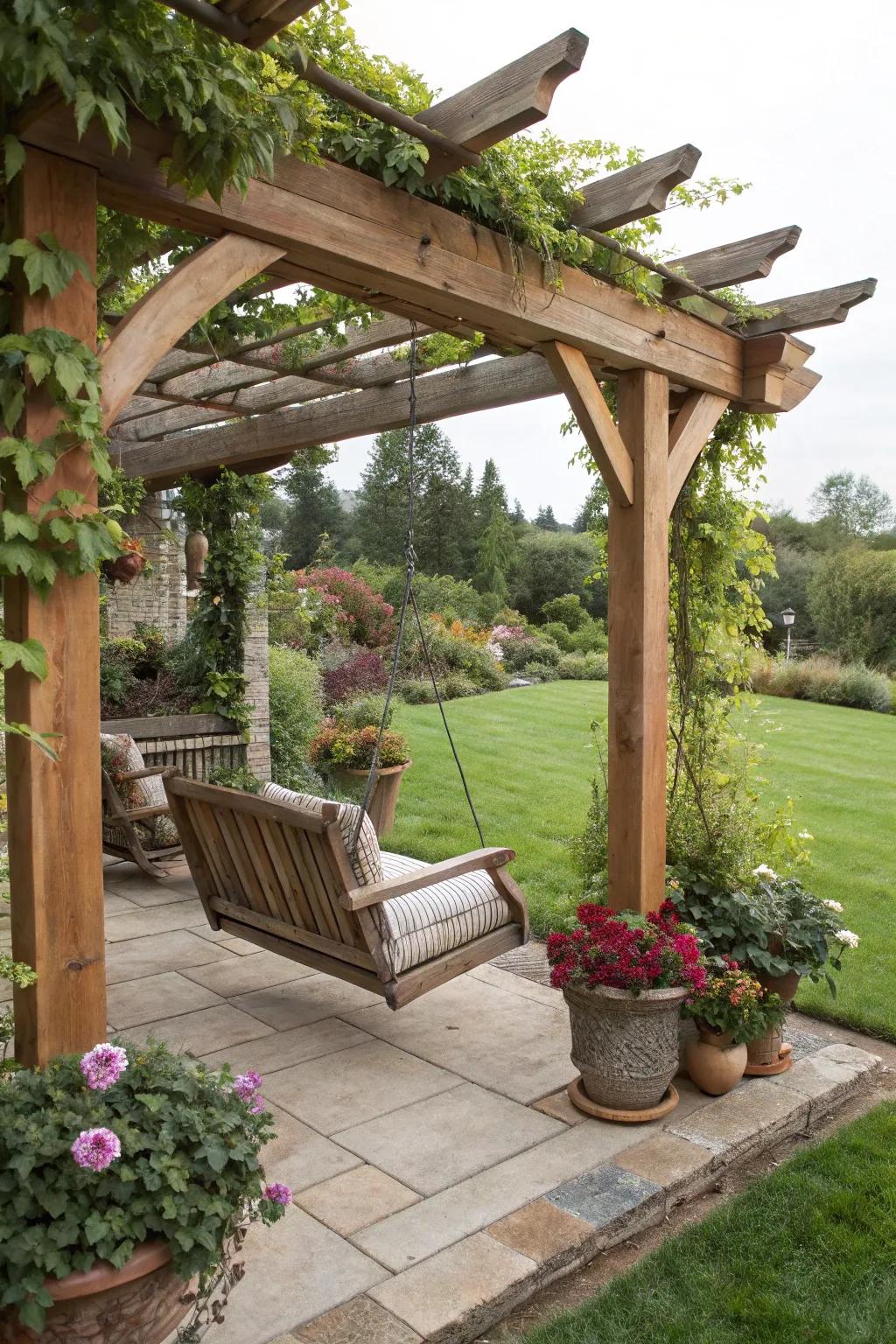 A classic wooden pergola swing nestled among lush greenery.
