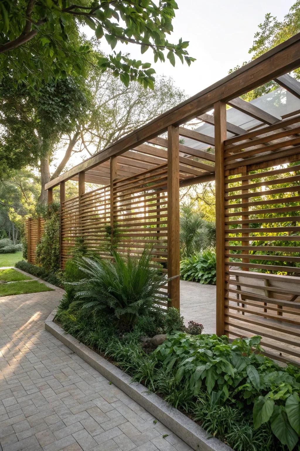 A pergola with elegant wooden slat privacy screens, nestled in a garden.
