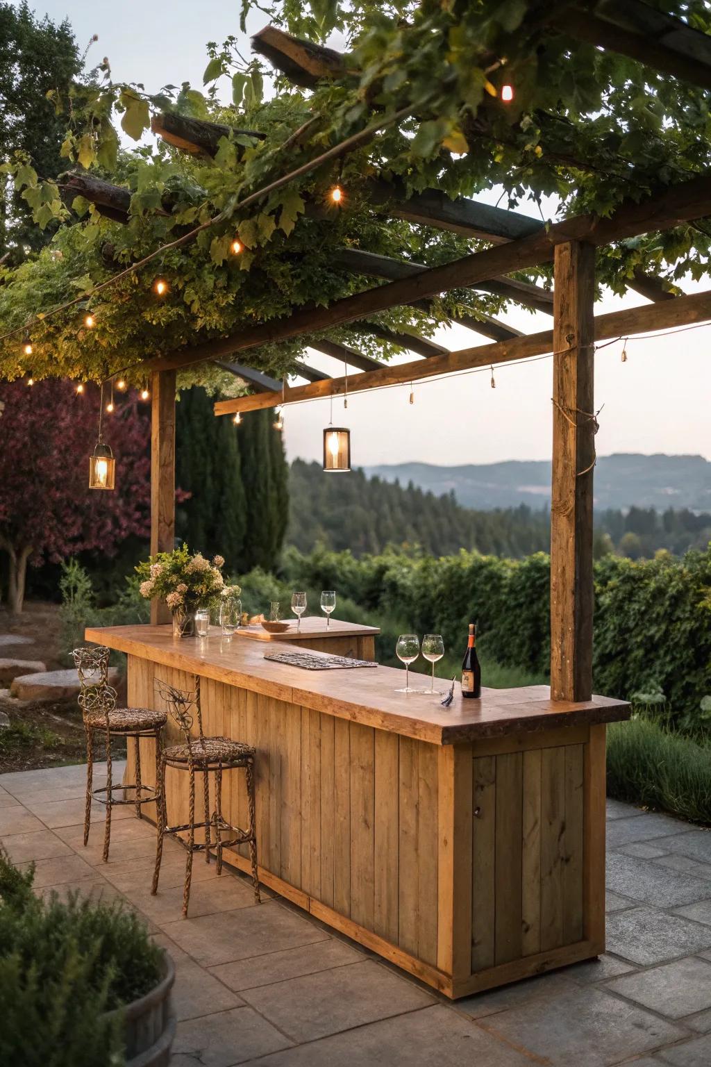 A rustic wooden bar counter that adds a touch of cozy charm to any pergola.