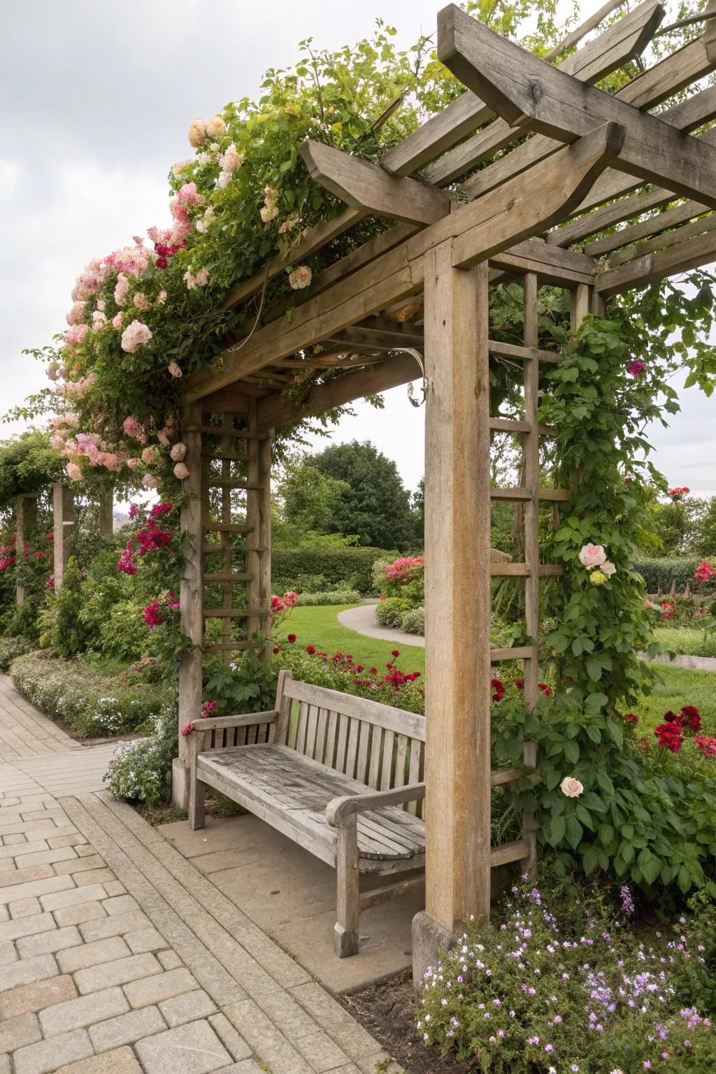 A wooden pergola elegantly designed with built-in bench seating.