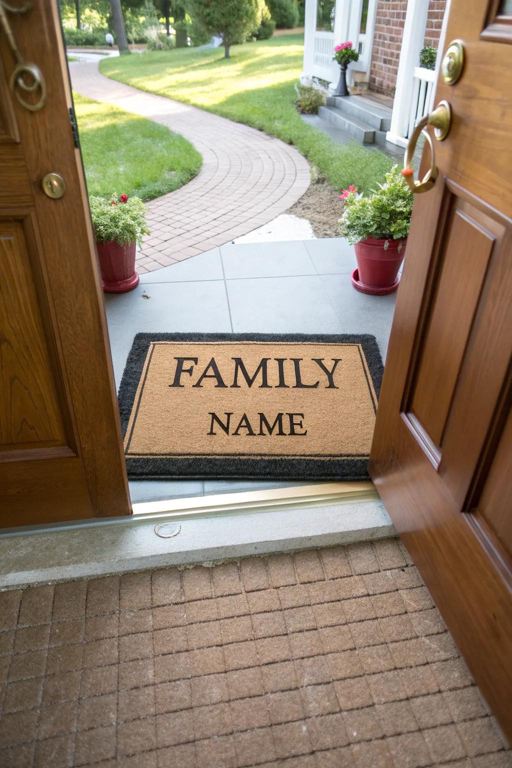 A door mat showcasing the family name at the entrance.