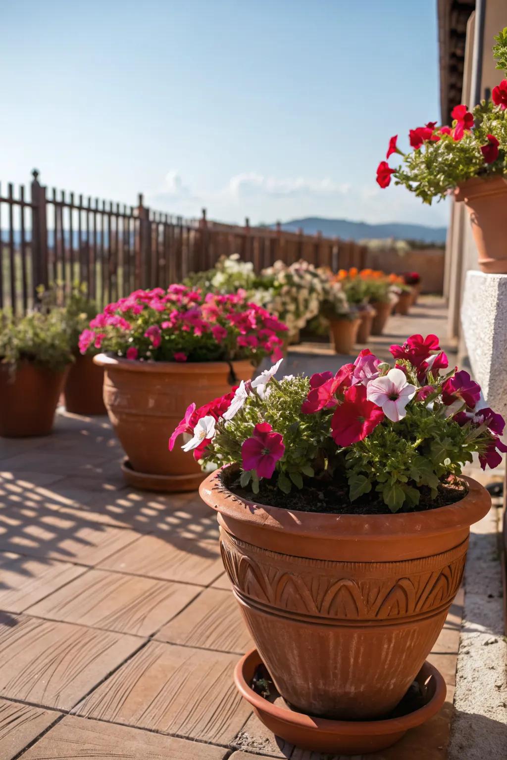 Classic clay pots make petunias shine with their natural charm.