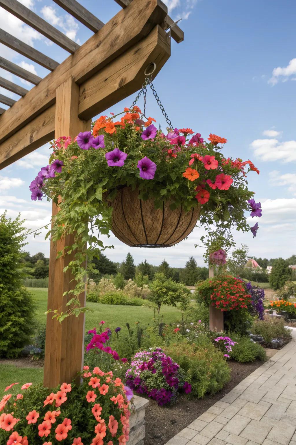 A vibrant mix of pink, purple, and orange petunias creating a burst of color.