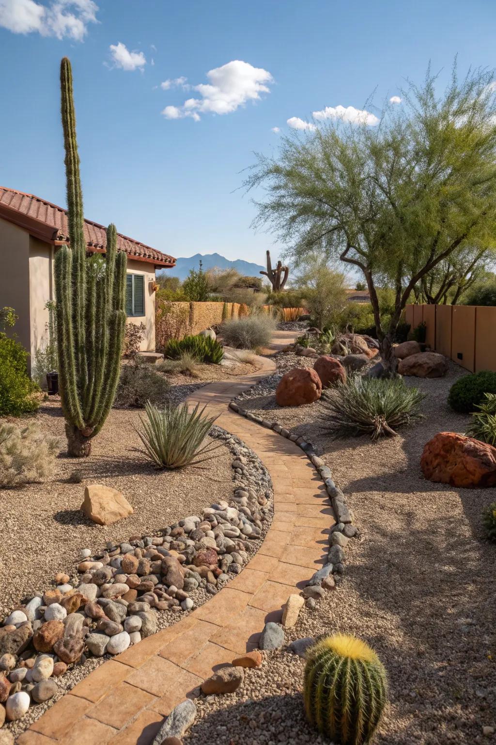 Desert landscaping with cactus and gravel for a sustainable backyard.