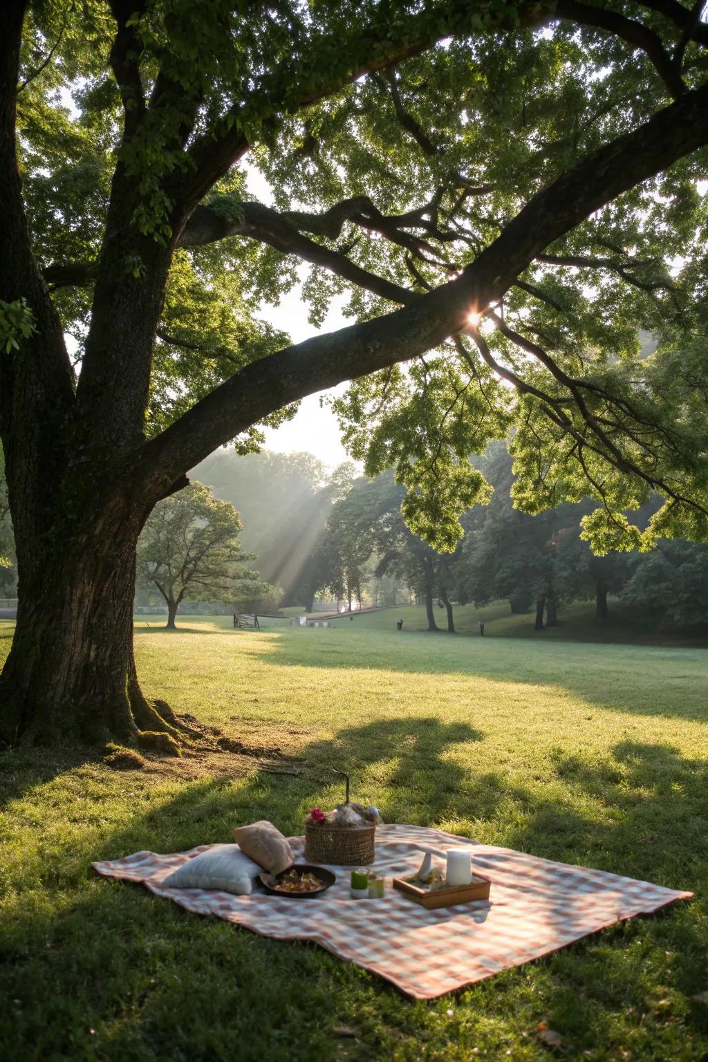 An idyllic picnic spot under the shade of a grand tree.
