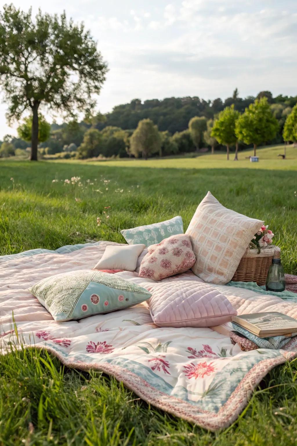 A soft blanket and cushions make for a comfortable and inviting picnic setup.