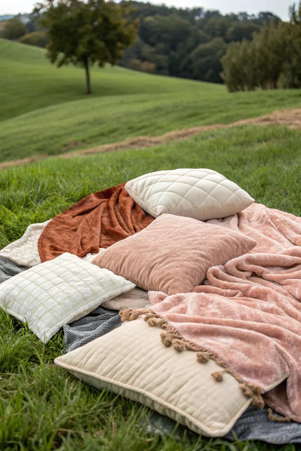 Layered blankets provide a comfortable and stylish base for any picnic.