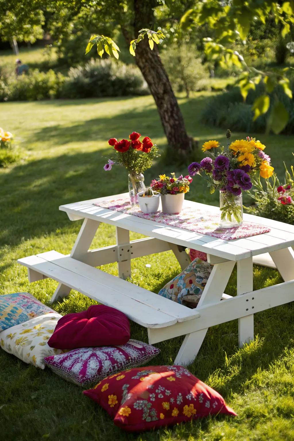 A classic white picnic table offers a timeless charm in a garden setting.
