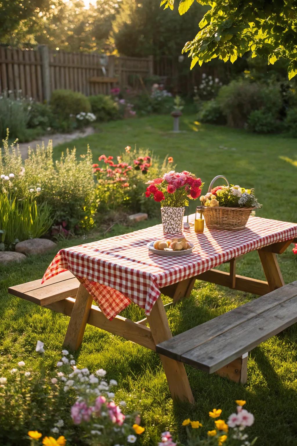 A classic wooden picnic table sitting gracefully in a sunlit garden.