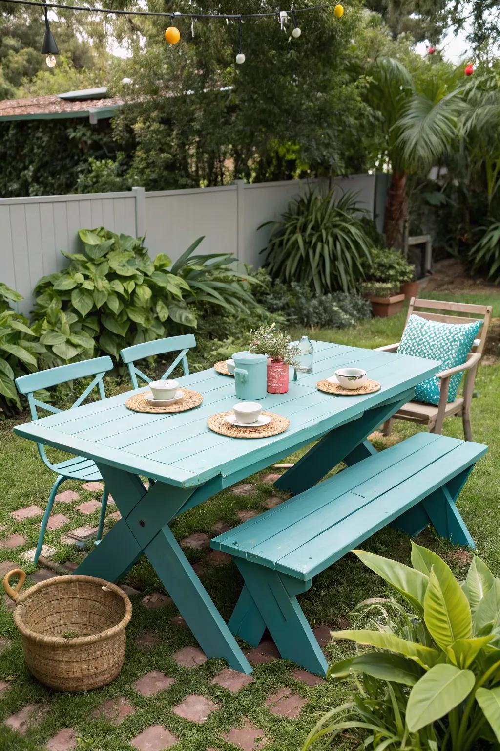A bold turquoise picnic table stands out in this lush backyard.