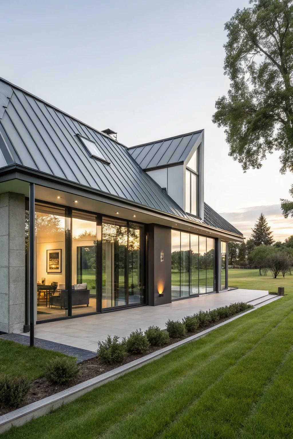 A modern home with a sleek metal roof, capturing a minimalist aesthetic.