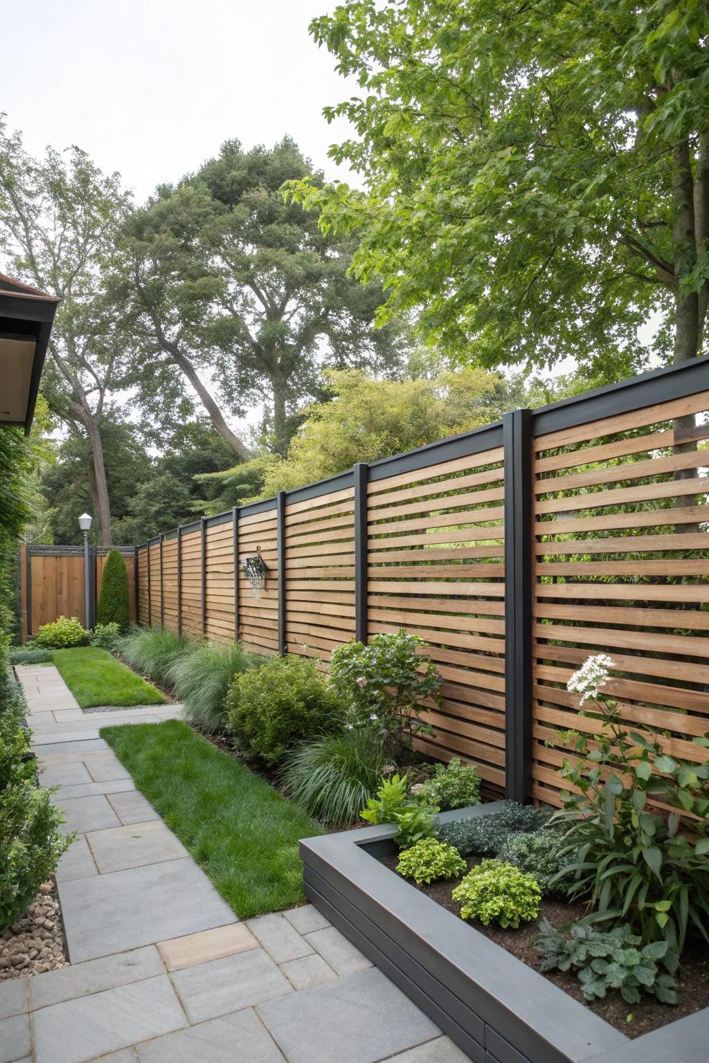 Horizontal slat privacy fence adding a modern touch to the backyard.