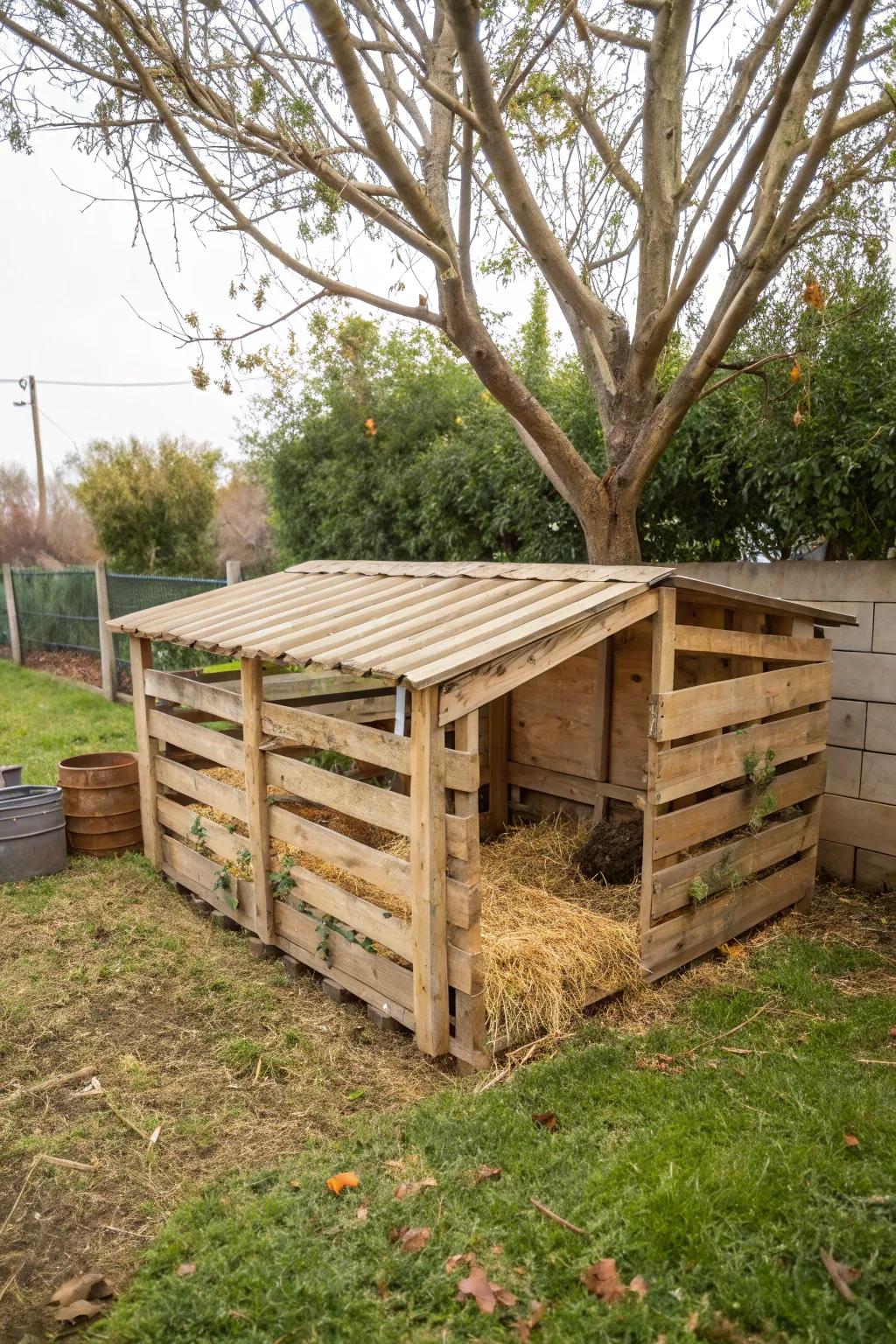 A rustic pig house made from recycled pallets.
