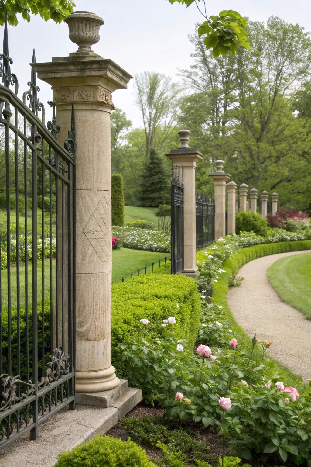 Classic stone pillars paired with wrought iron create a timeless elegance.
