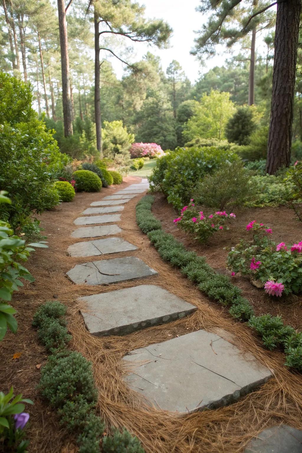 A picturesque garden pathway lined with pine straw and stepping stones.