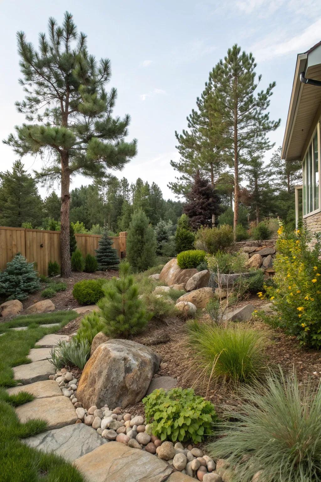 A natural landscape with pine trees and native plants.