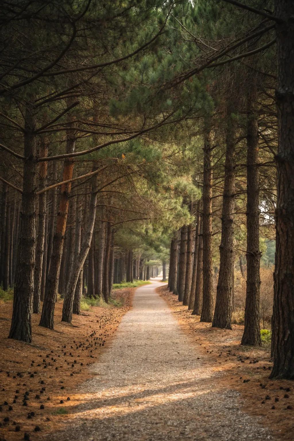 A woodland pathway lined with pine trees creates a calming escape.