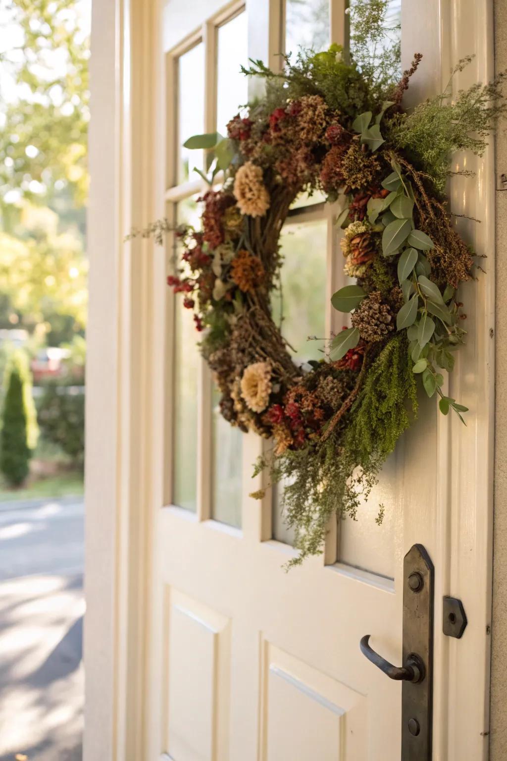 A seasonal wreath adding charm to a front door.