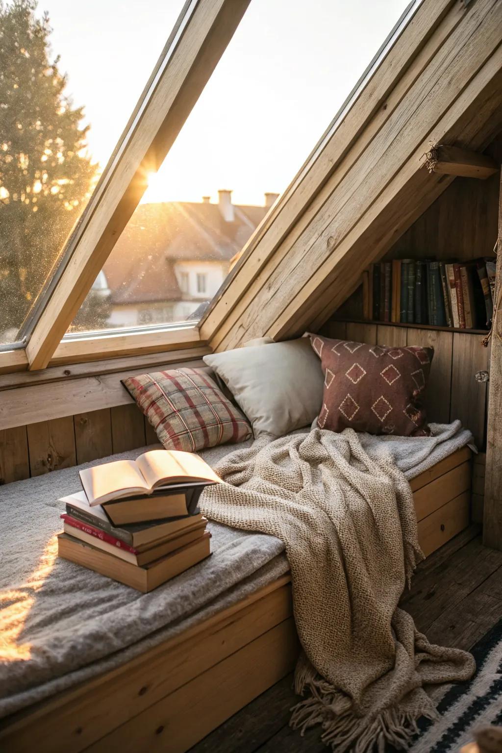A snug reading nook bathed in natural light from a pitched roof skylight.
