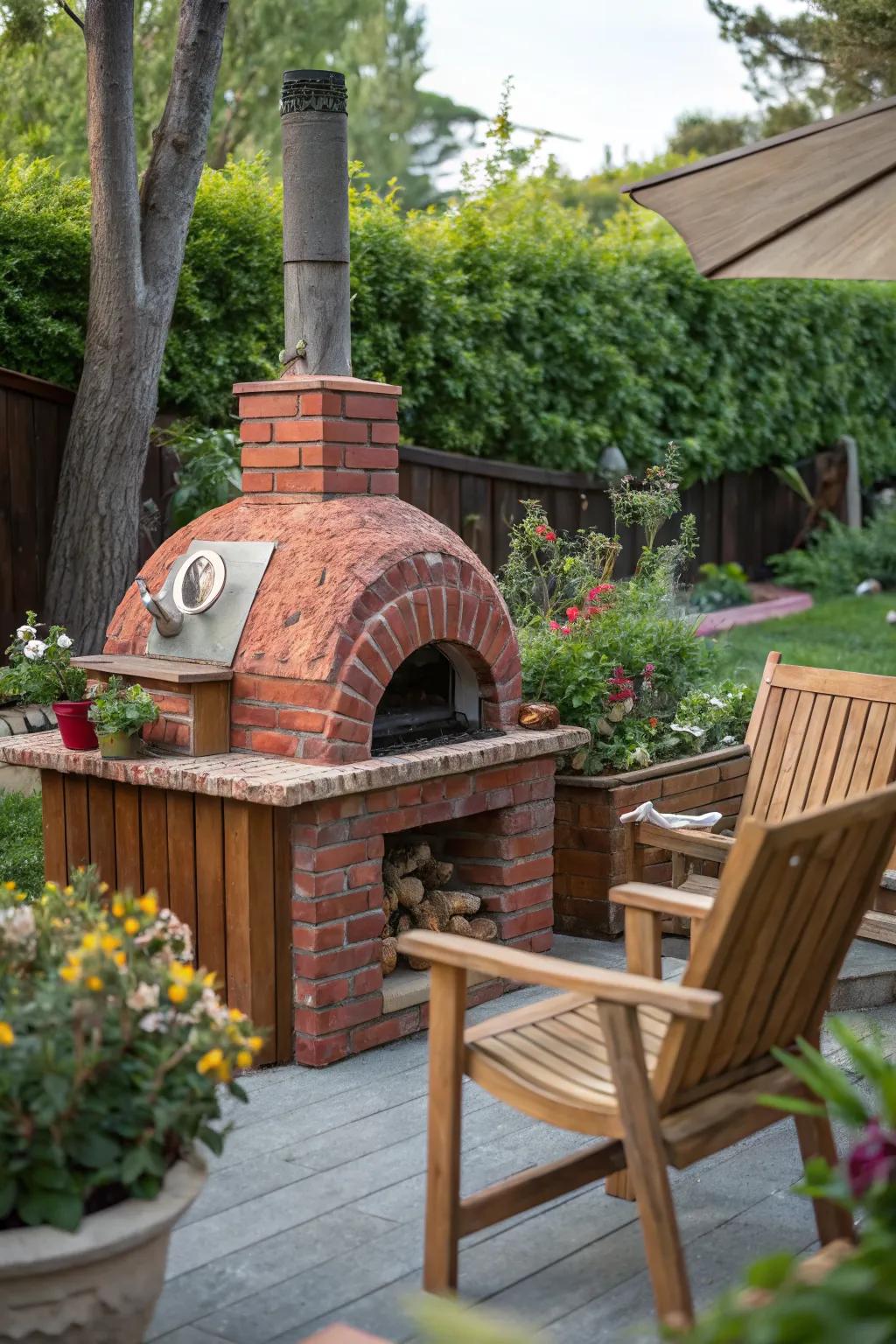 A rustic red brick pizza oven that adds a classic touch to the garden.