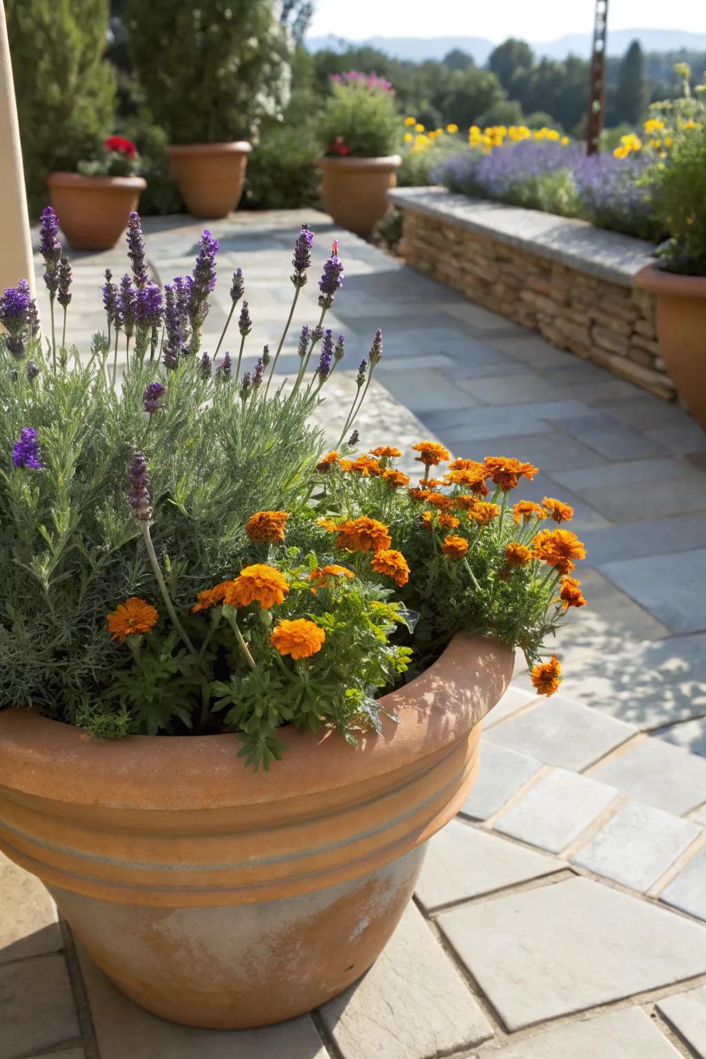 A sunny container garden featuring vibrant marigolds paired with aromatic lavender.