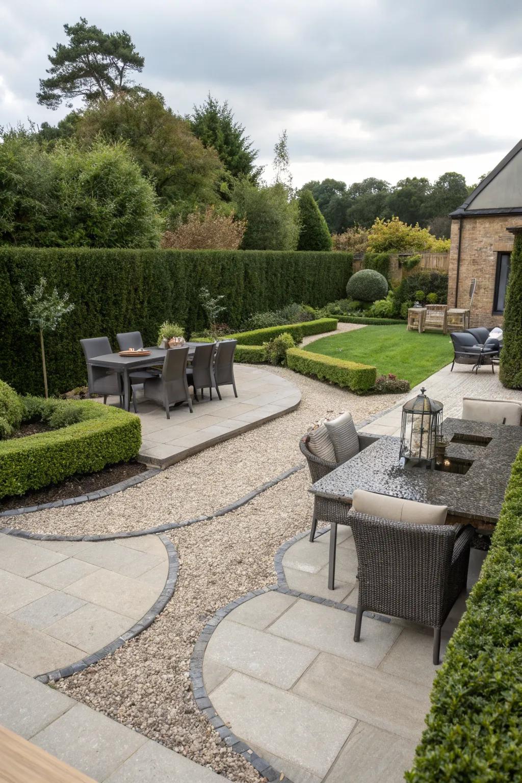 A chic stone patio creating a modern outdoor retreat without plants.