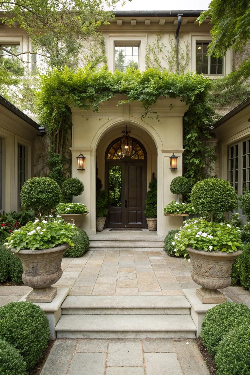 Symmetrical plant arrangements create a balanced and inviting entrance.