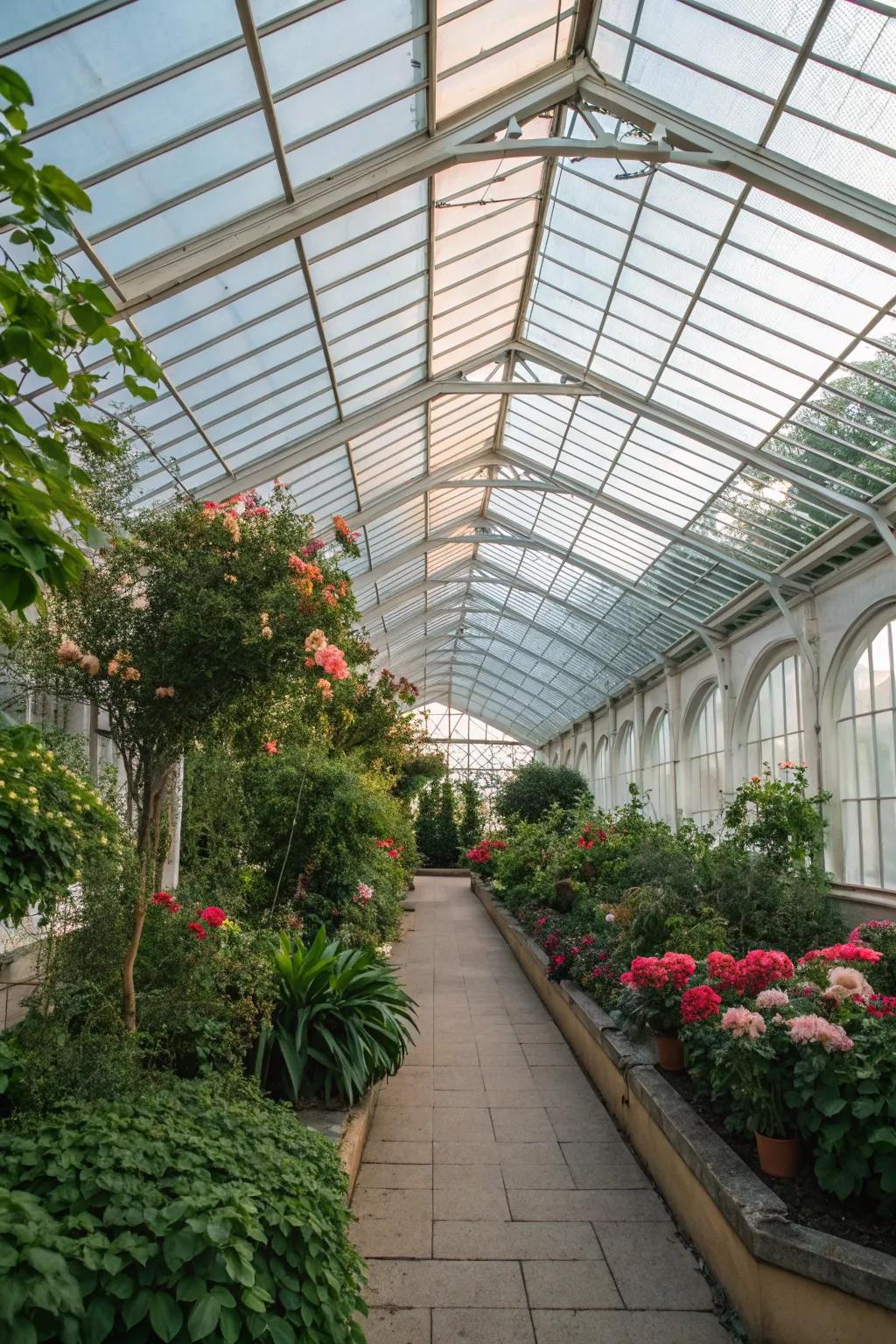 A charming greenhouse filled with vibrant plant life.