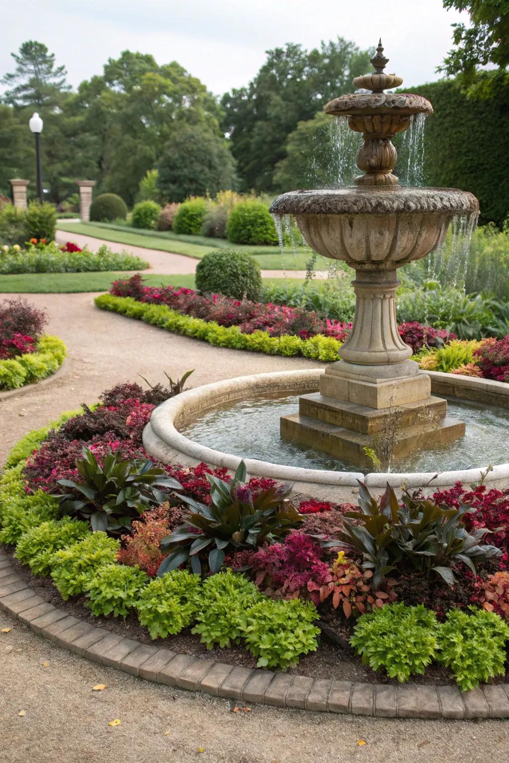 Circular plant arrangement emphasizes the fountain's symmetry.