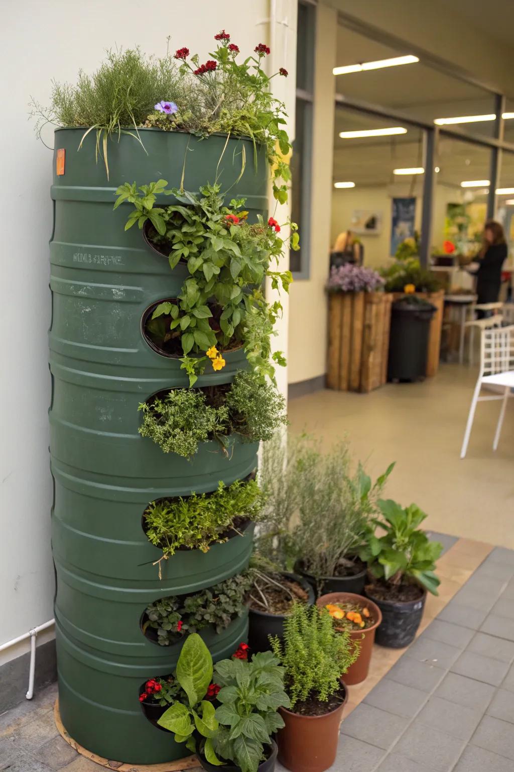 Maximize your garden space with a vertical garden made from plastic barrels.