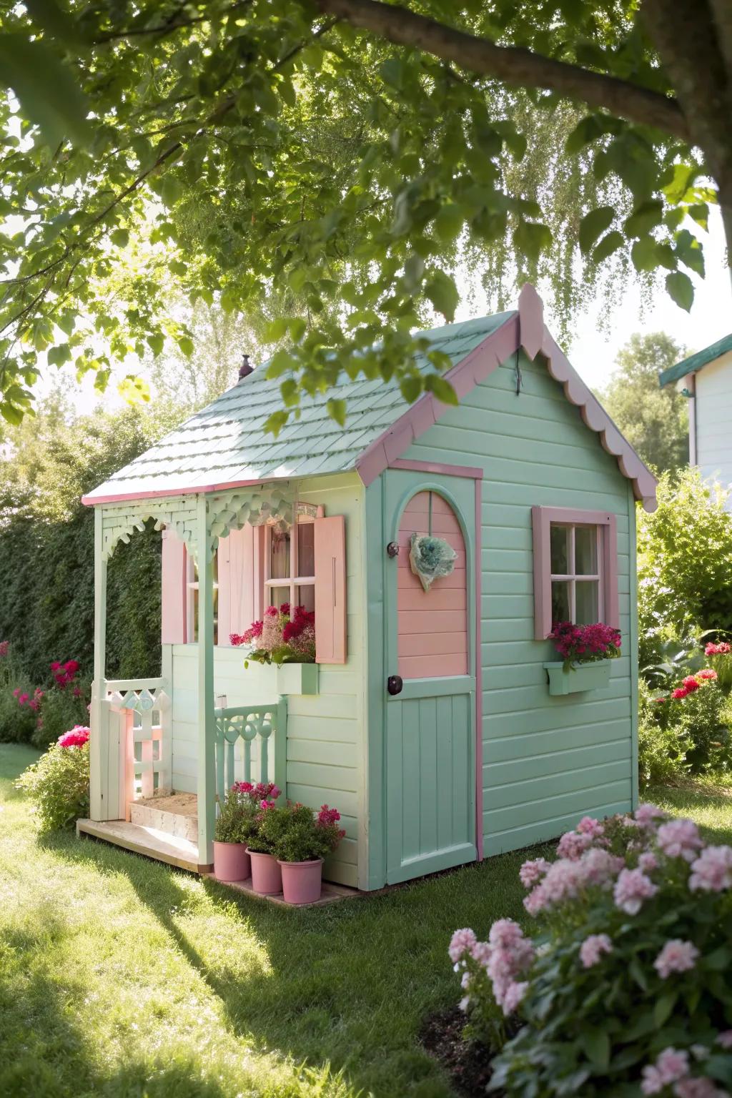 A playhouse in playful pastels brings a touch of whimsy to any backyard.