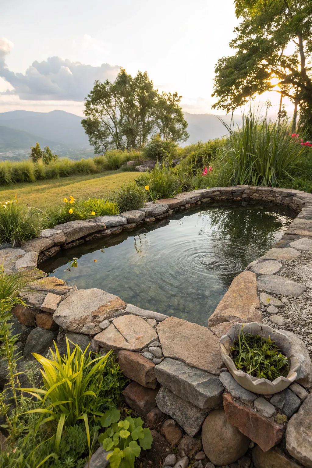 Plastic pond with natural stone and rock borders, blending seamlessly with surrounding greenery.