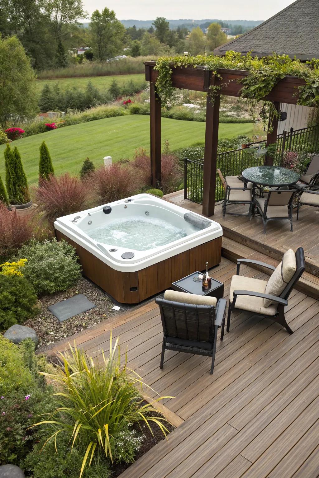 A wooden deck offers a timeless platform for your hot tub.