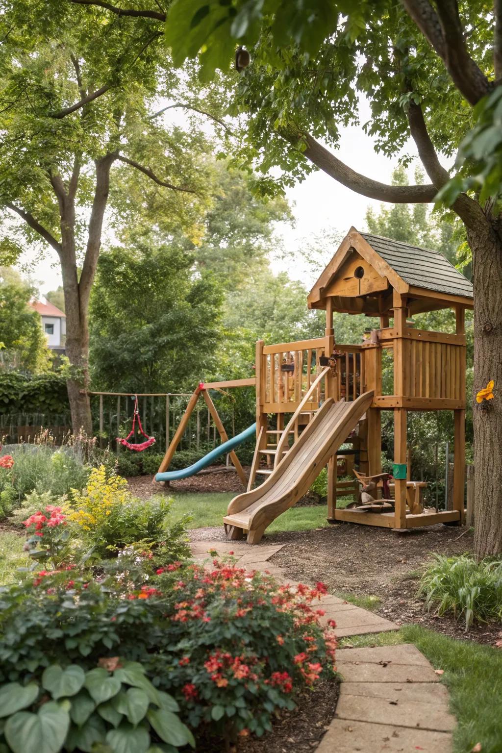 Classic wooden play structures offer timeless fun and blend seamlessly with nature.