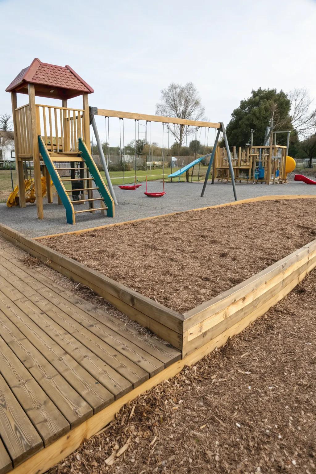 Classic wooden planks neatly frame a playground filled with wood chips.