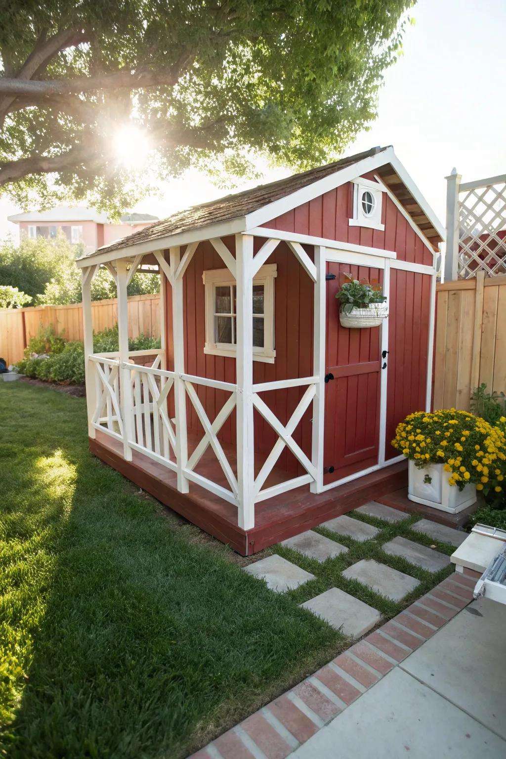 A classic wooden X-cross railing provides safety and style to any playhouse.