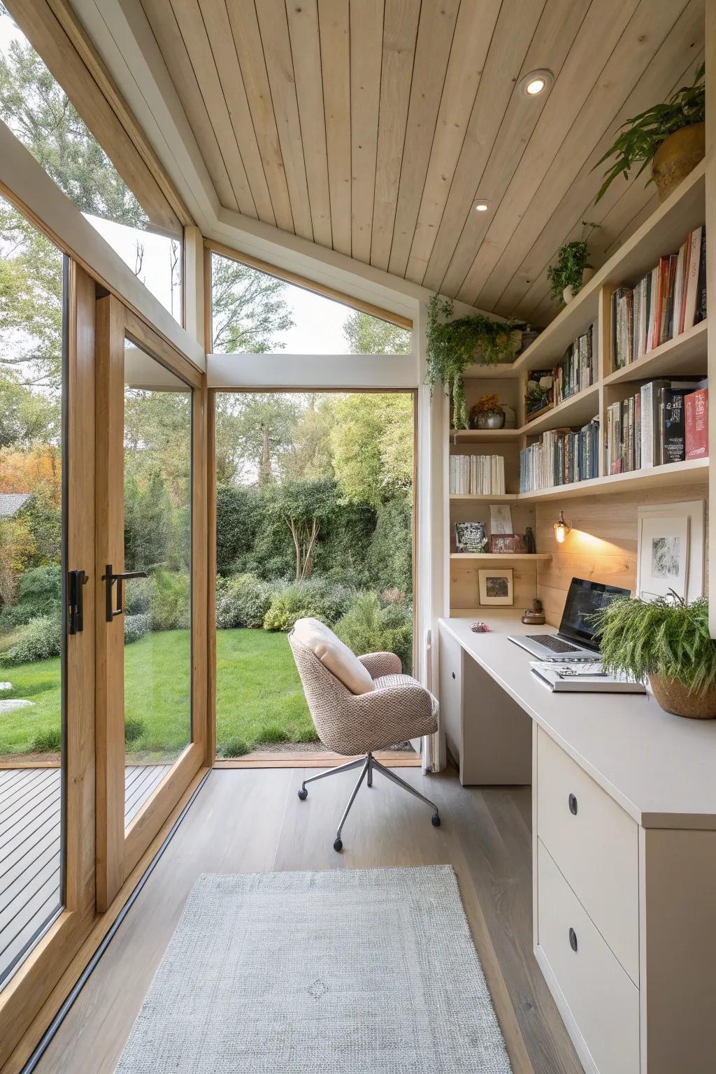 A cozy home office pod nestled in nature, perfect for remote work.