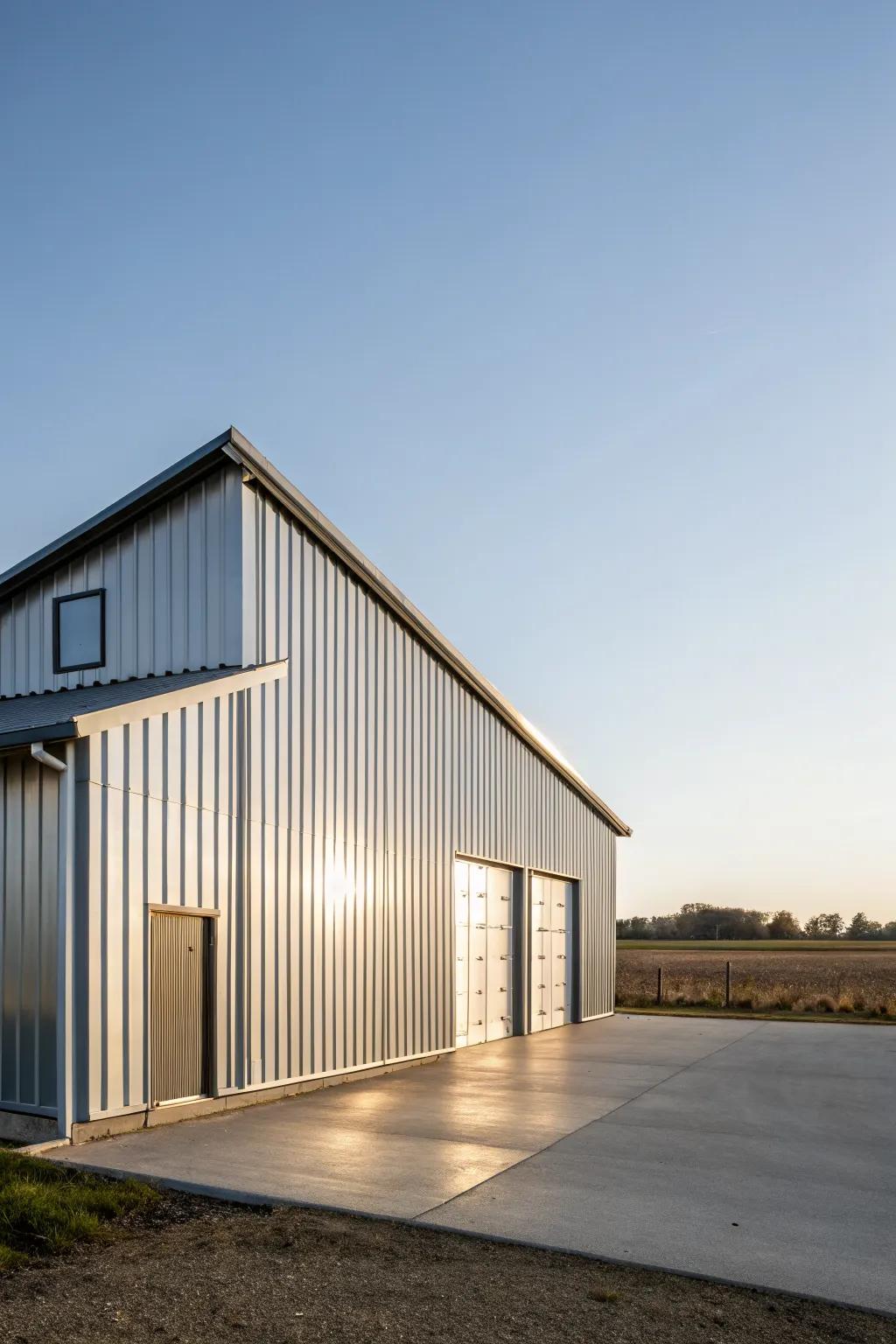 A modern twist on traditional pole barn design using metal siding.