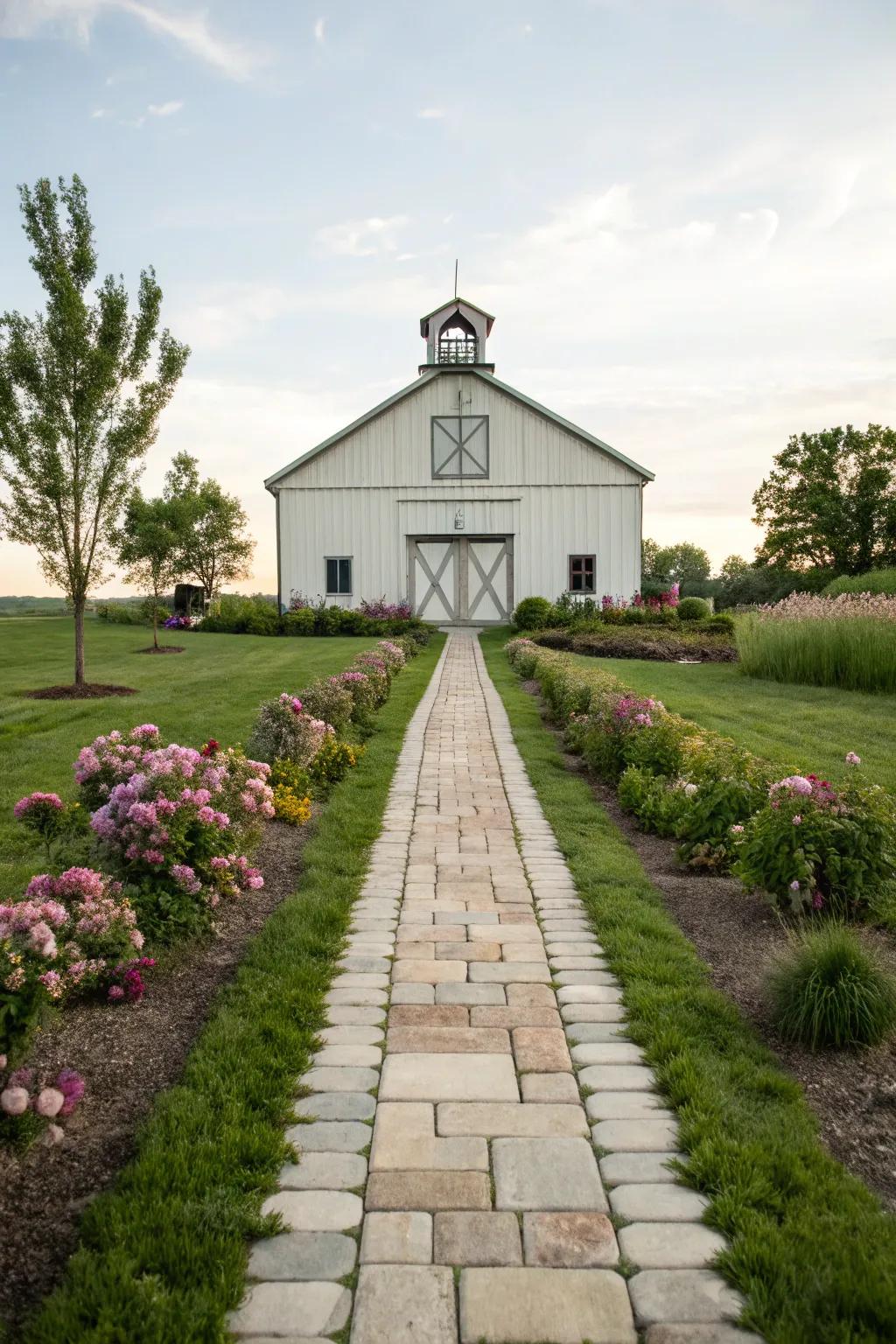 Elegant pathways leading to the pole barn, creating an inviting entrance.