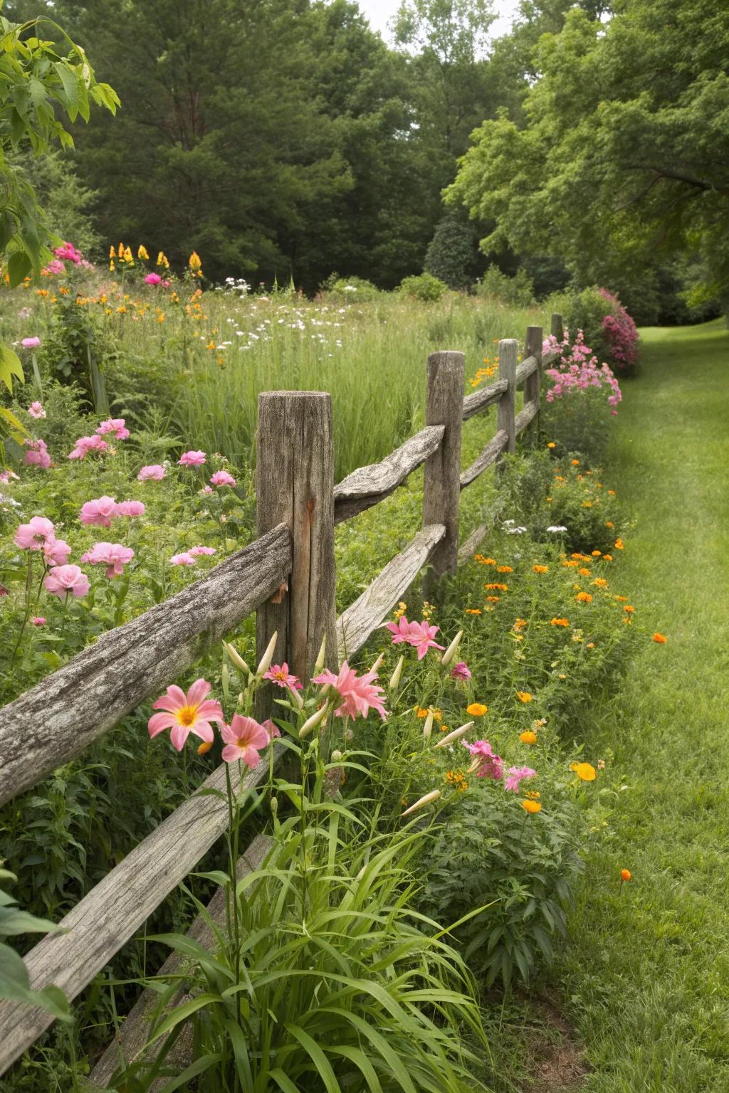 A zig-zag split rail fence adds rustic charm to any garden.