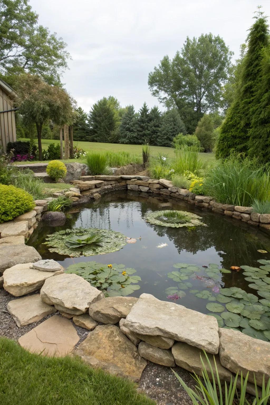 Natural stones provide a rustic and charming border for your pond.